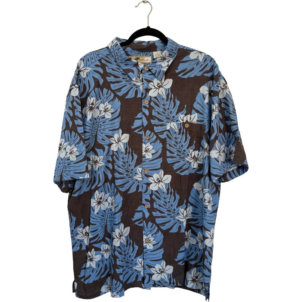 Joe Marlin Men’s Hawaiian Shirt XXL Brown Blue Floral Leaf Print Rayon Blend